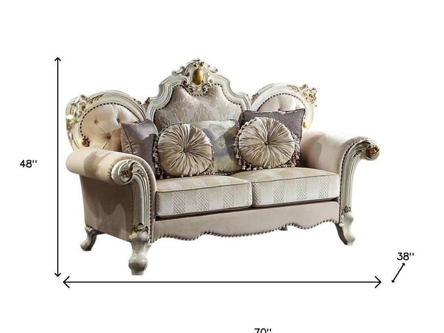 70" Gold And Pearl Velvet Loveseat and Toss Pillows