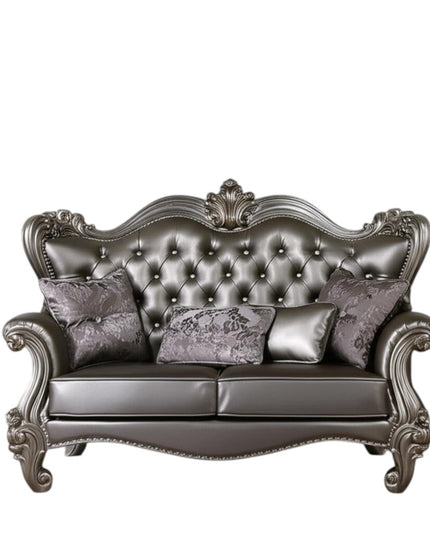 70" Silver And Platinum Faux Leather Loveseat and Toss Pillows