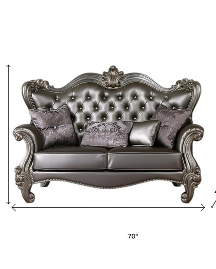 70" Silver And Platinum Faux Leather Loveseat and Toss Pillows