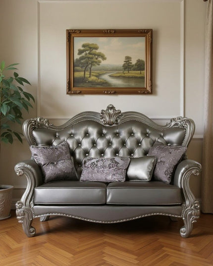 70" Silver And Platinum Faux Leather Loveseat and Toss Pillows