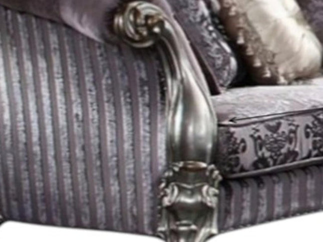 76" Purple And Platinum Velvet Loveseat and Toss Pillows