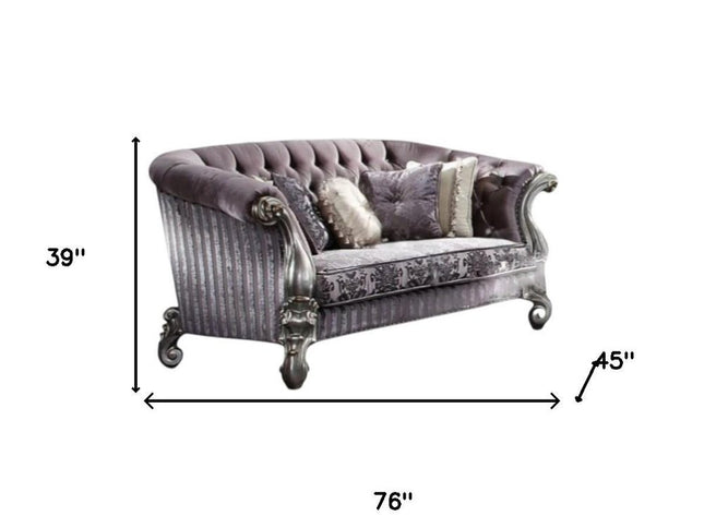 76" Purple And Platinum Velvet Loveseat and Toss Pillows