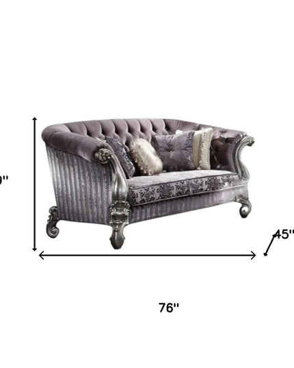 76" Purple And Platinum Velvet Loveseat and Toss Pillows