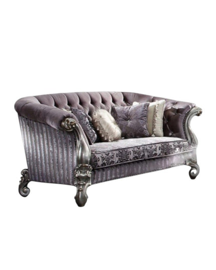 76" Purple And Platinum Velvet Loveseat and Toss Pillows