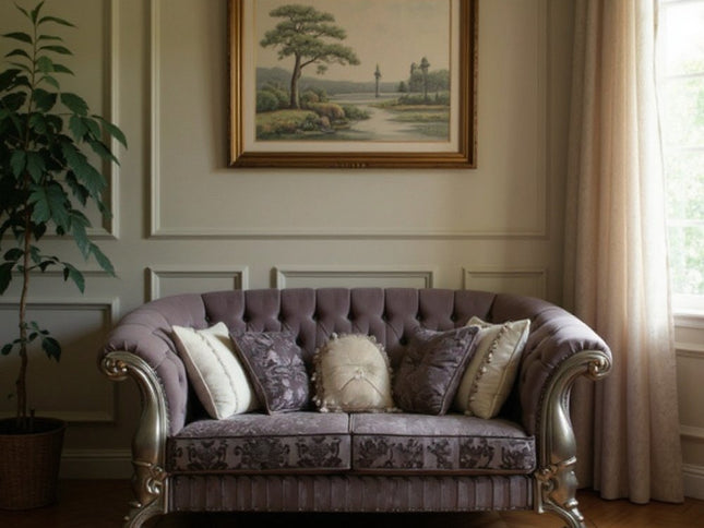 76" Purple And Platinum Velvet Loveseat and Toss Pillows