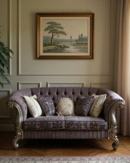 76" Purple And Platinum Velvet Loveseat and Toss Pillows