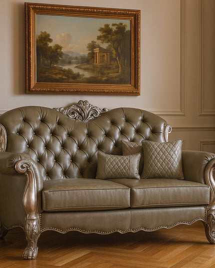 71" Bone Faux Leather Loveseat and Toss Pillows