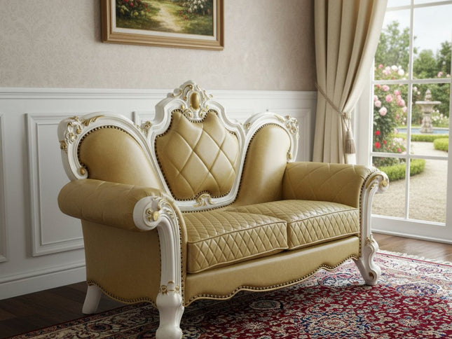70" Golden Yellow And Pearl Faux Leather Loveseat and Toss Pillows