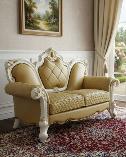 70" Golden Yellow And Pearl Faux Leather Loveseat and Toss Pillows