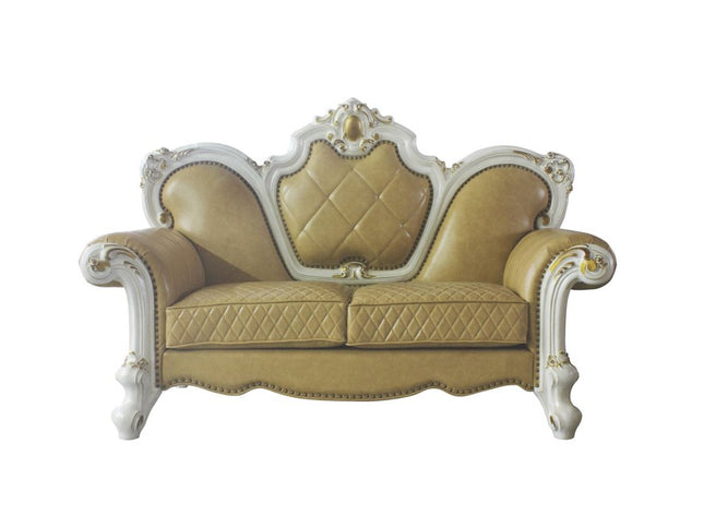 70" Golden Yellow And Pearl Faux Leather Loveseat and Toss Pillows