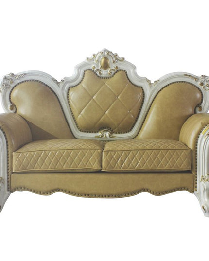 70" Golden Yellow And Pearl Faux Leather Loveseat and Toss Pillows