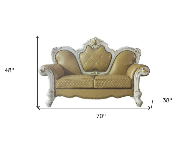 70" Golden Yellow And Pearl Faux Leather Loveseat and Toss Pillows