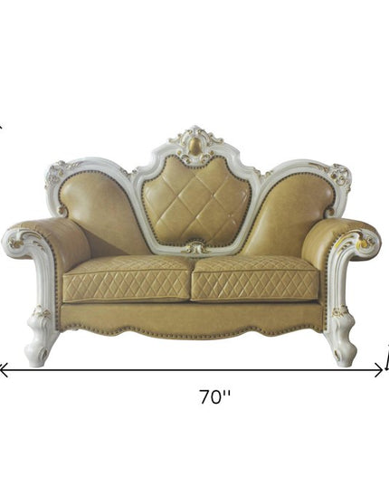 70" Golden Yellow And Pearl Faux Leather Loveseat and Toss Pillows