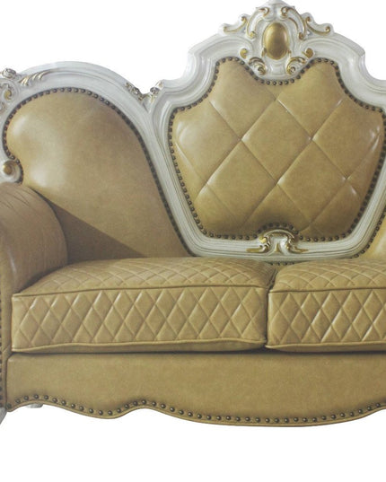 70" Golden Yellow And Pearl Faux Leather Loveseat and Toss Pillows