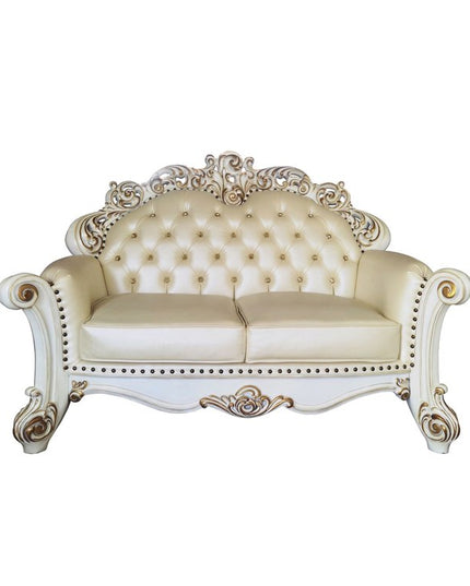 70" Champagne And Pearl Faux Leather Loveseat and Toss Pillows