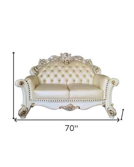 70" Champagne And Pearl Faux Leather Loveseat and Toss Pillows