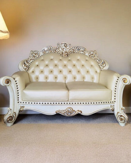 70" Champagne And Pearl Faux Leather Loveseat and Toss Pillows
