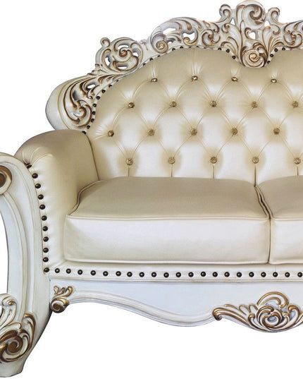 70" Champagne And Pearl Faux Leather Loveseat and Toss Pillows