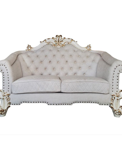 66" Two Tone Ivory And Pearl Velvet Loveseat and Toss Pillows