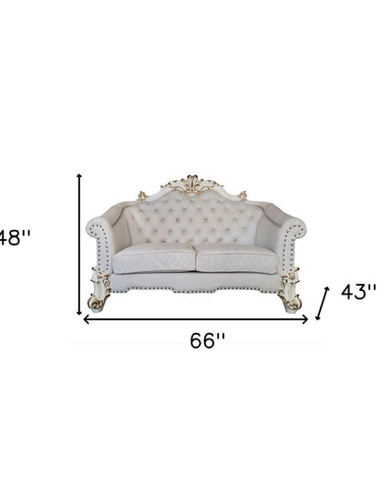 66" Two Tone Ivory And Pearl Velvet Loveseat and Toss Pillows