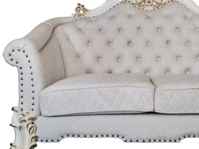 66" Two Tone Ivory And Pearl Velvet Loveseat and Toss Pillows