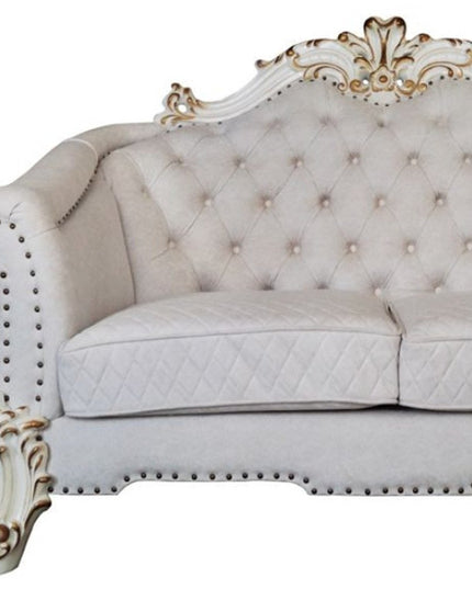 66" Two Tone Ivory And Pearl Velvet Loveseat and Toss Pillows