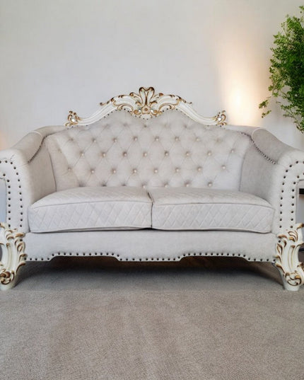 66" Two Tone Ivory And Pearl Velvet Loveseat and Toss Pillows