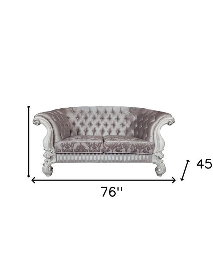 76" Ivory And Off White Velvet Loveseat and Toss Pillows