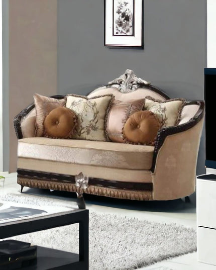 75" Tan Velvet Curved Loveseat and Toss Pillows