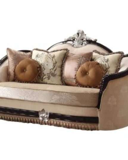 75" Tan Velvet Curved Loveseat and Toss Pillows