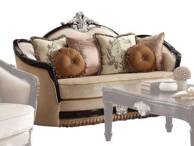 75" Tan Velvet Curved Loveseat and Toss Pillows