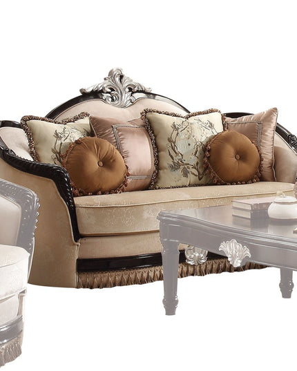 75" Tan Velvet Curved Loveseat and Toss Pillows