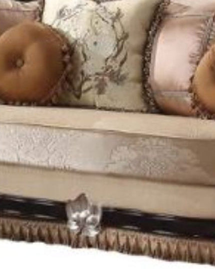 75" Tan Velvet Curved Loveseat and Toss Pillows