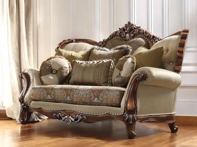 74" Tan And Brown Velvet Damask Curved Loveseat and Toss Pillows