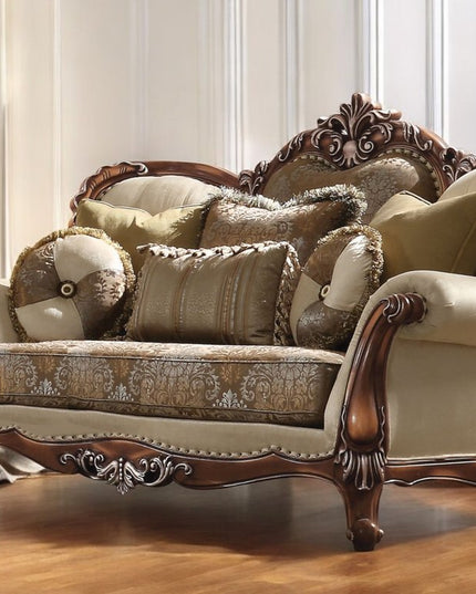 74" Tan And Brown Velvet Damask Curved Loveseat and Toss Pillows