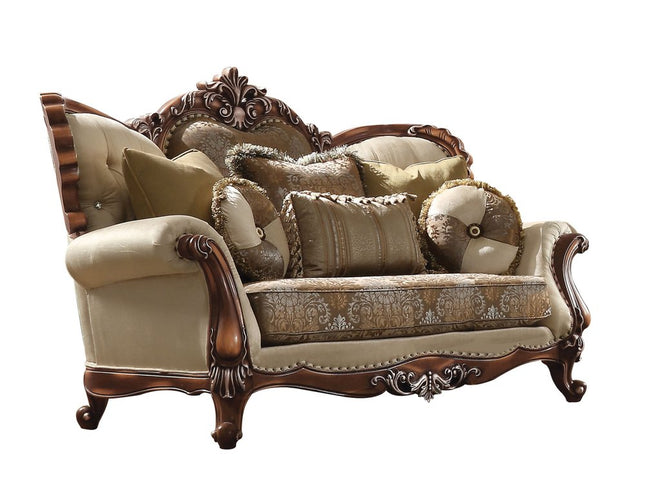 74" Tan And Brown Velvet Damask Curved Loveseat and Toss Pillows