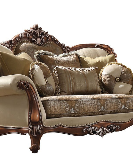 74" Tan And Brown Velvet Damask Curved Loveseat and Toss Pillows