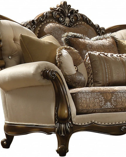 74" Tan And Brown Velvet Damask Curved Loveseat and Toss Pillows