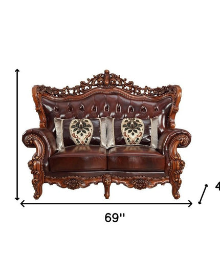 69" Brown And Walnut Top Grain Leather Curved Loveseat and Toss Pillows