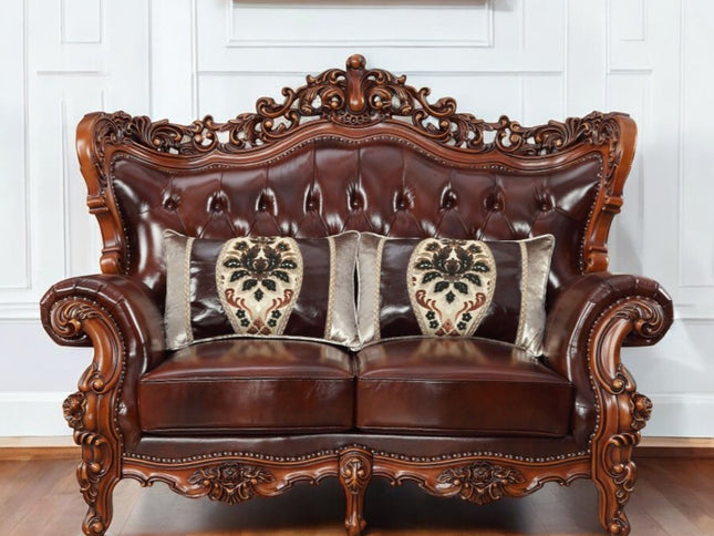 69" Brown And Walnut Top Grain Leather Curved Loveseat and Toss Pillows