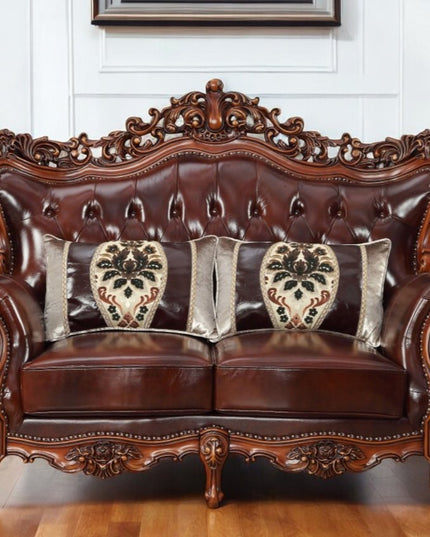 69" Brown And Walnut Top Grain Leather Curved Loveseat and Toss Pillows