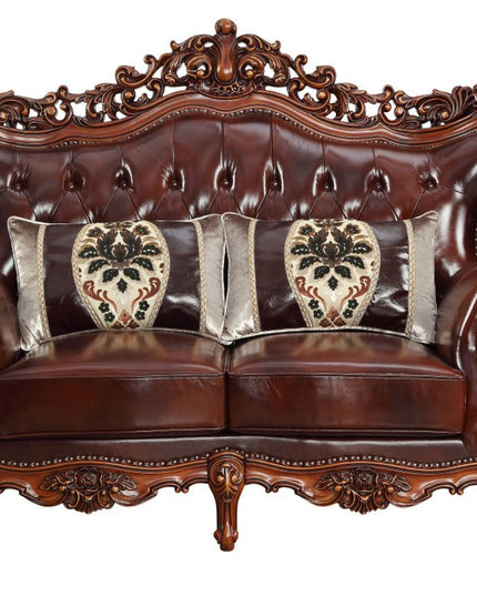 69" Brown And Walnut Top Grain Leather Curved Loveseat and Toss Pillows