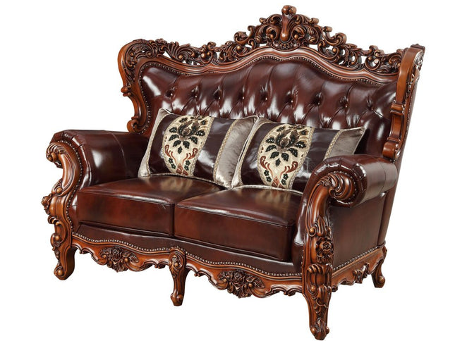 69" Brown And Walnut Top Grain Leather Curved Loveseat and Toss Pillows