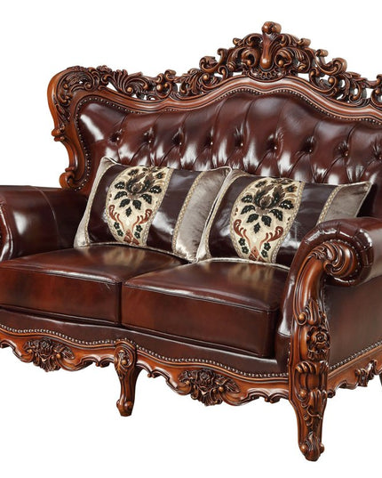 69" Brown And Walnut Top Grain Leather Curved Loveseat and Toss Pillows