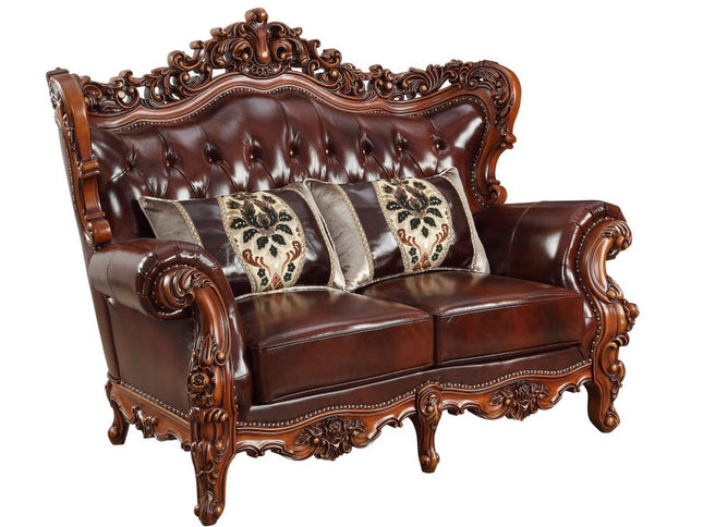 69" Brown And Walnut Top Grain Leather Curved Loveseat and Toss Pillows