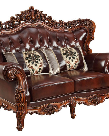 69" Brown And Walnut Top Grain Leather Curved Loveseat and Toss Pillows