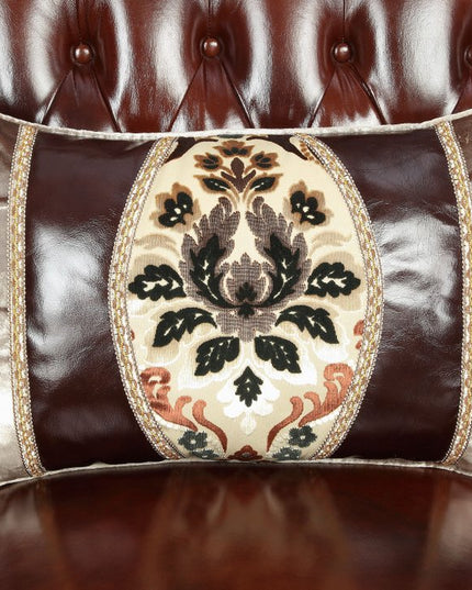 69" Brown And Walnut Top Grain Leather Curved Loveseat and Toss Pillows