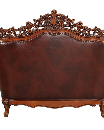 69" Brown And Walnut Top Grain Leather Curved Loveseat and Toss Pillows