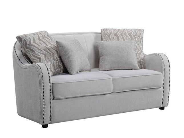 63" Beige And Black Linen Curved Loveseat and Toss Pillows