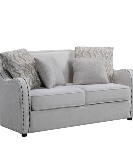 63" Beige And Black Linen Curved Loveseat and Toss Pillows